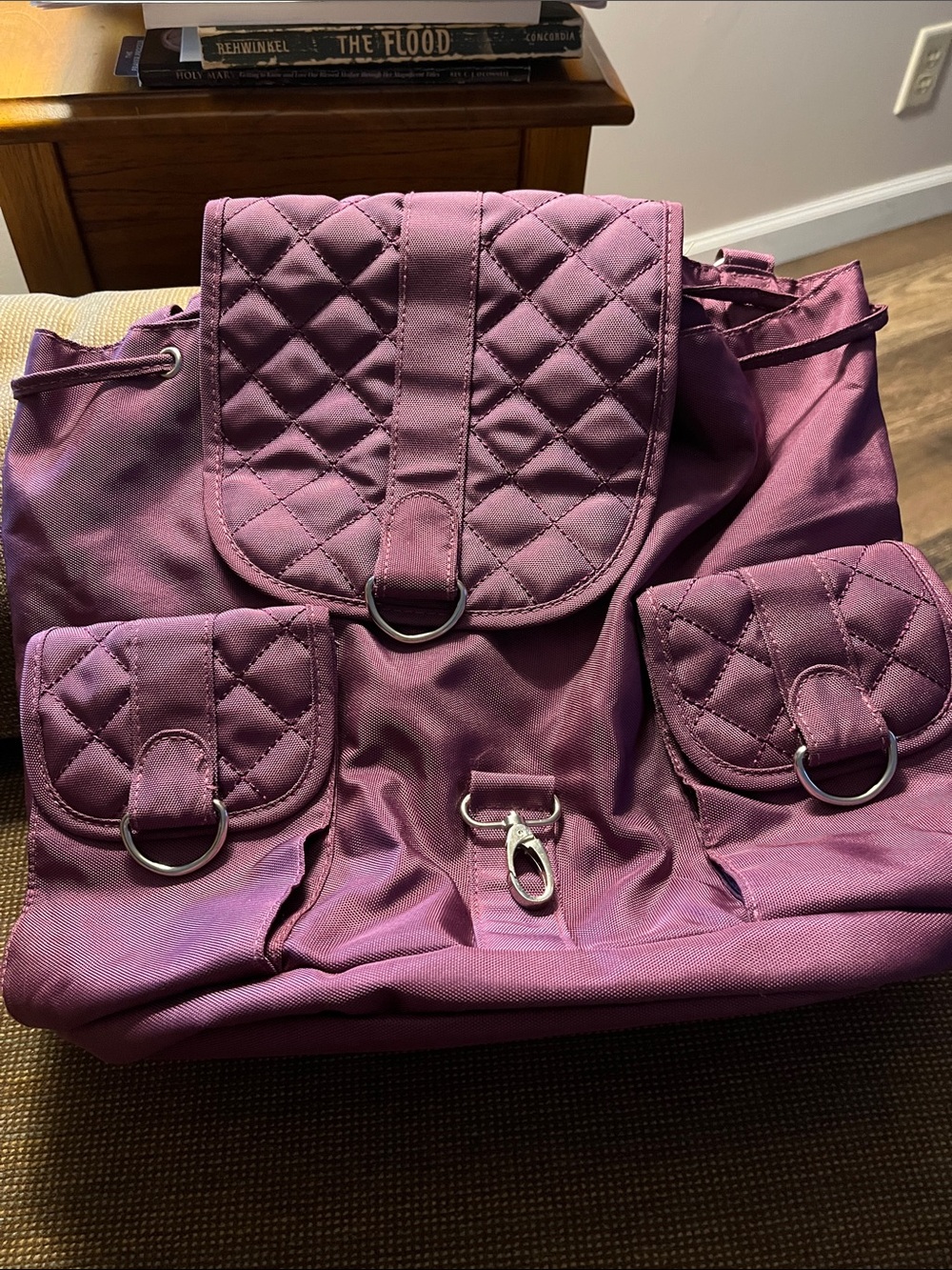 Travelon Quilted Purple Drawstring Backpack with Front Pockets